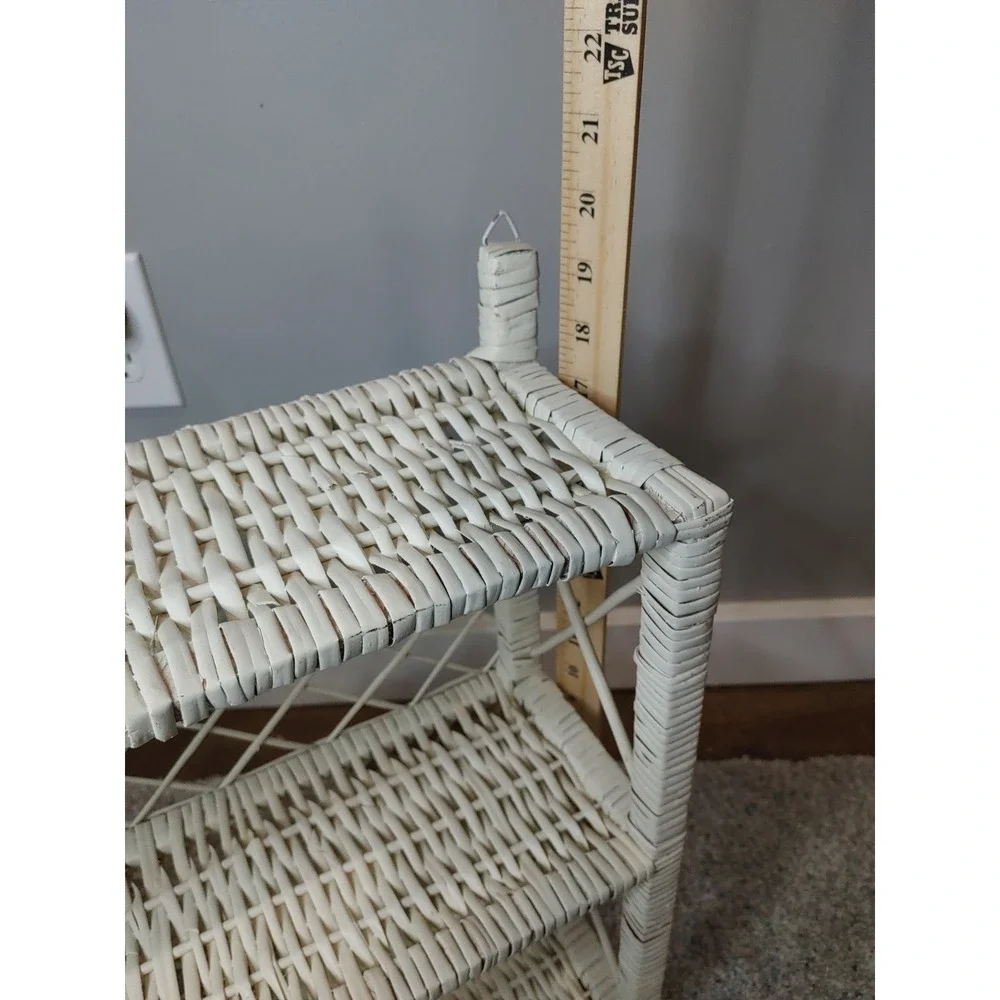 Vintage White Wicker Shelf MCM Cottagecore Hanging Rattan Three Tier Wall Shelf